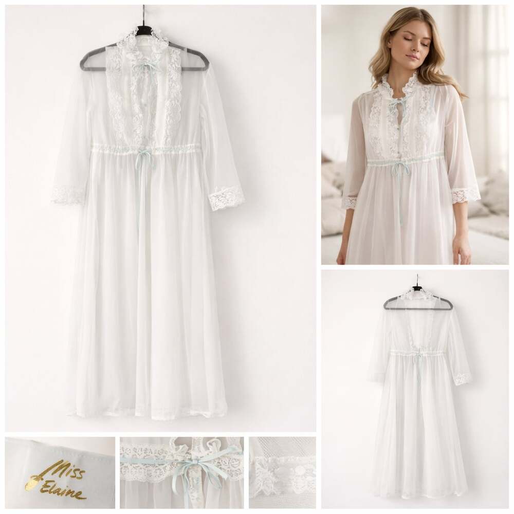 Miss‎ Elaine Vintage Sheer White Lace Peignoir Robe with Blue Ribbon Accents